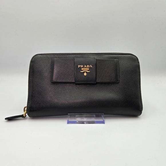 Prada Black Saffiano Leather Zip Around Continental Bow Wallet - Picture 1 of 10